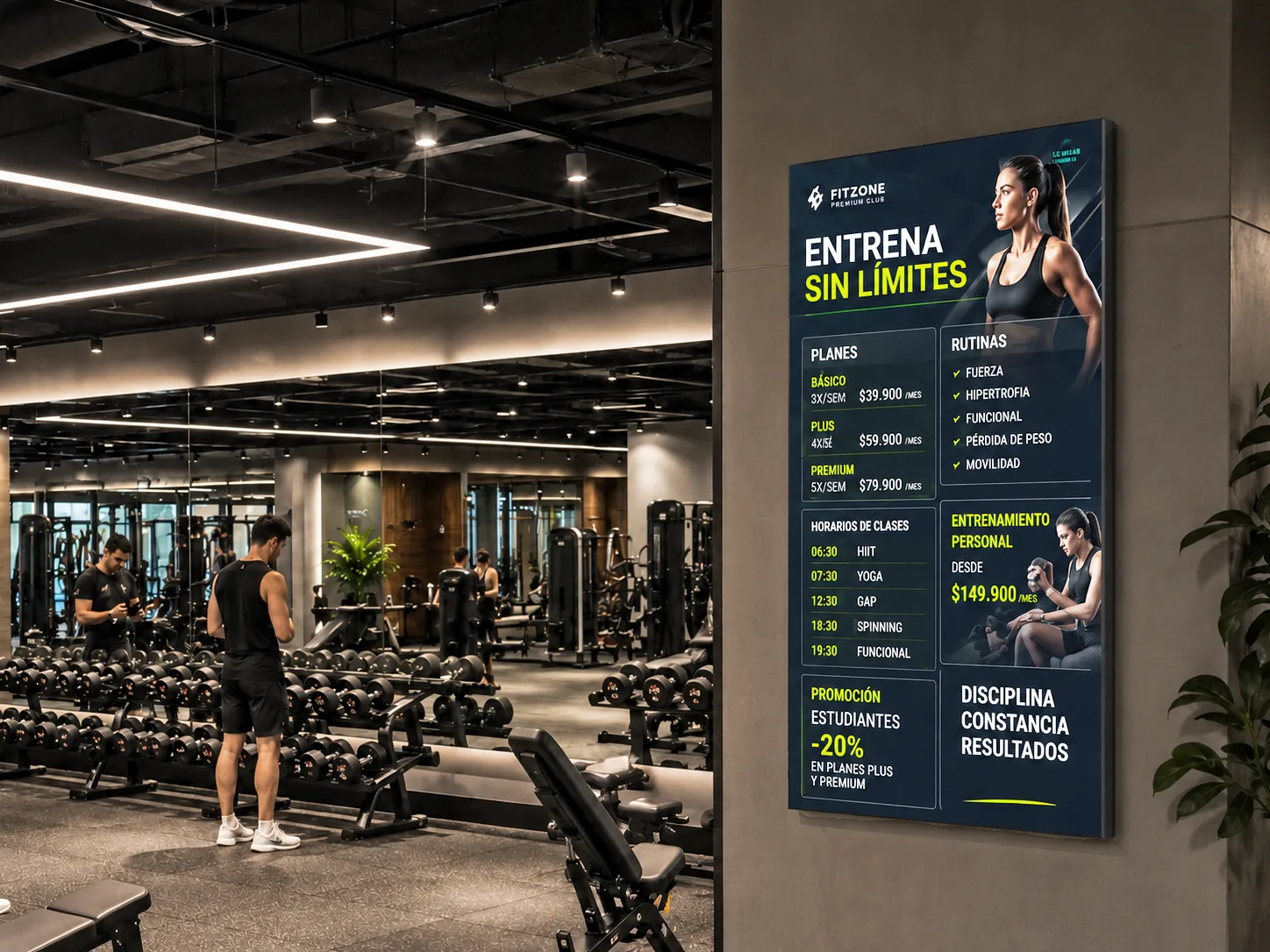 Poster LED de pared en un gimnasio