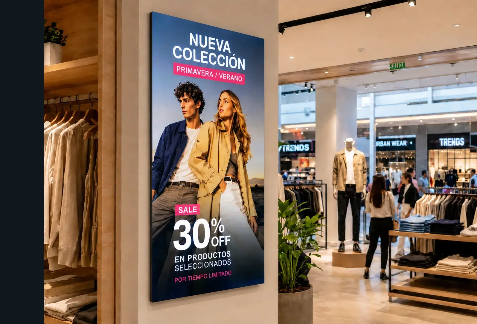 Poster LED de pared instalado en un local de indumentaria